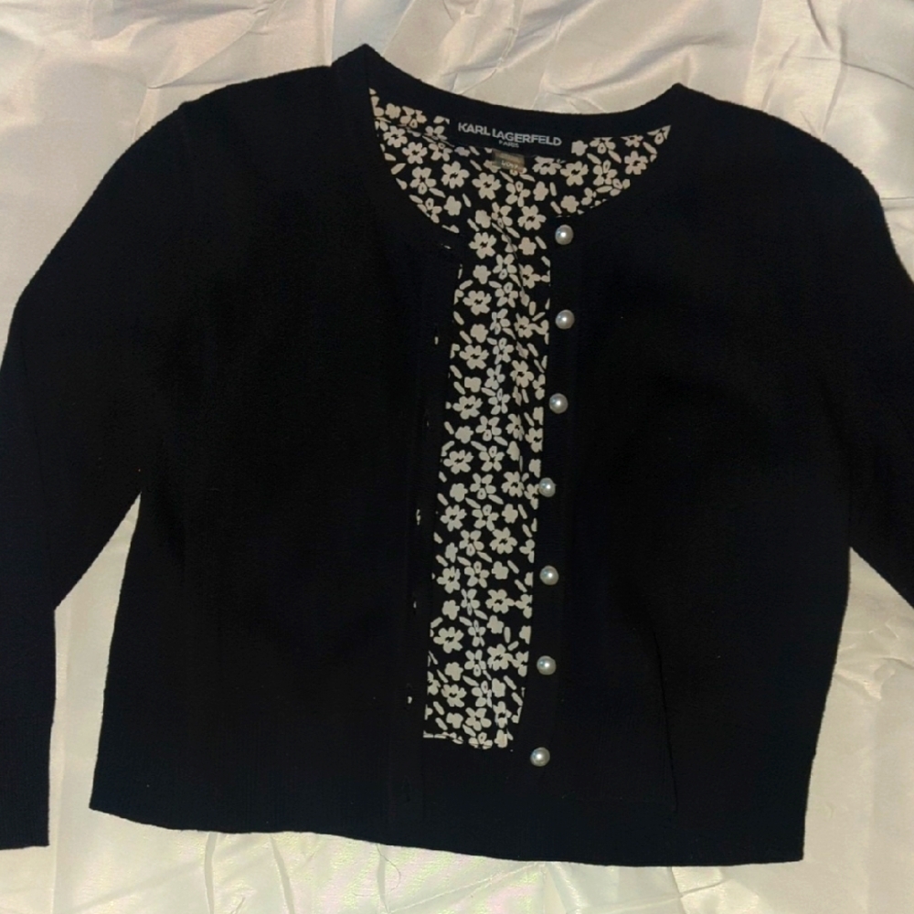 Karl Lagerfeld Black Cardigan with White Floral Accents